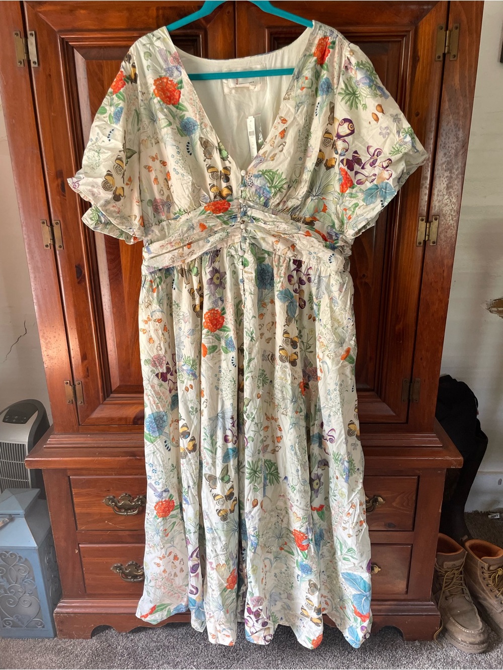 Anthropologie Cream Maxi Dress with Multicolor Botanical Print